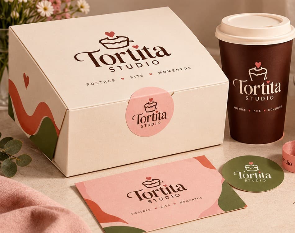 Caja, vaso, tarjeta, posavasos y cinta con marca